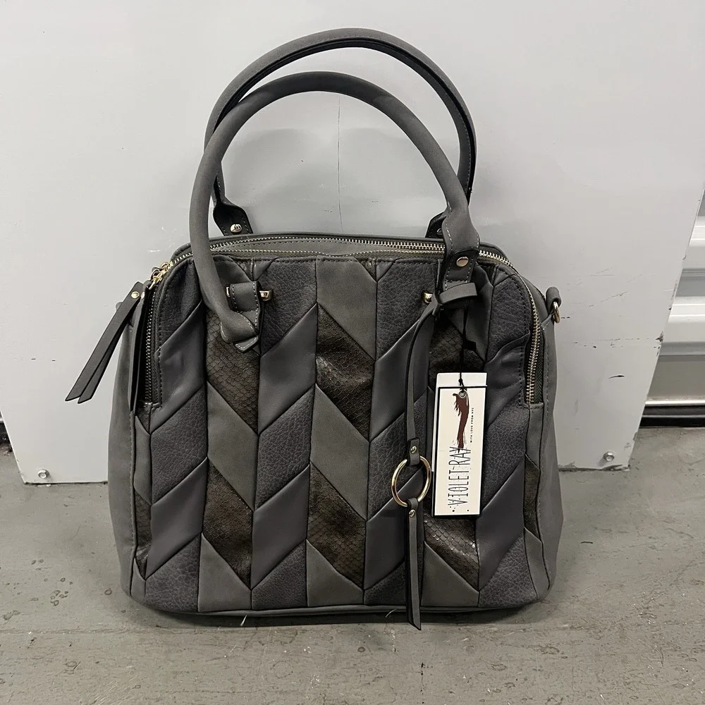 Violet Ray Gray Chevron Patchwork‎ Satchel Handbag Purse Faux Leather NWT